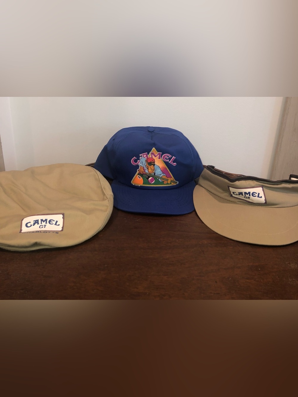 VTG Lot of 3 Camel Hats Joe Camel Playing Pool/Camel Golf/Camel Sunvisior